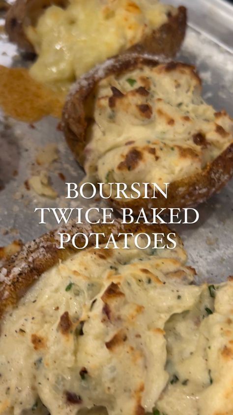 BOURSIN TWICE BAKED POTATOES 🥔 NEED.I.SAY.MORE. Ya’ll these are unreal. We were all speechless to be honest, lol. I don’t really have much more to add except…go to the store and get the ingredients to make this immediately. That is all. INGREDIENTS: 5 Russet Potatoes 2 packages Garlic & Herb Boursin 3 TBSP Salted Butter Flaky Maldon Salt Freshly Cracked Black Pepper 1/3 CUP half & half or heavy cream 1/3 CUP minced chives, plus more for garnish 3 strips of cooked bacon, chopped EVOO DIRECTI Garlic Twice Baked Potatoes, Christmas Twice Baked Potatoes, Half Baked Harvest Potatoes, Potato Recipes With Russet Potatoes, Boursin Potatoes Recipe, Twice Baked Potatoes With Boursin Cheese, Boursin Baked Potato, Boursin Twice Baked Potato, Recipe With Russet Potatoes