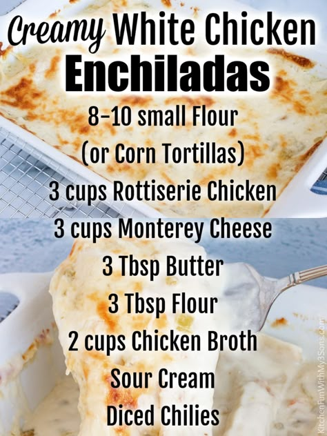 My Pins Saved Boards Recipes Chicken, Pre Cooked Chicken Recipes, Easy White Chicken Enchiladas, Authentic Chicken Enchiladas, Recipes Rotisserie Chicken, Creamy White Chicken Enchiladas, Rotisserie Chicken Enchiladas, Sour Cream Chicken Enchilada Recipe, Mexican Casseroles