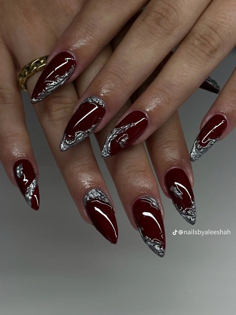 Red Grunge Nails, Enhypen Inspired Nails, Acrylic Toe Nail Designs, Nail Maroon, Skz Nail, Elephant Nails, Prom Nail Inspo, Maroon Nail Art, Nails July