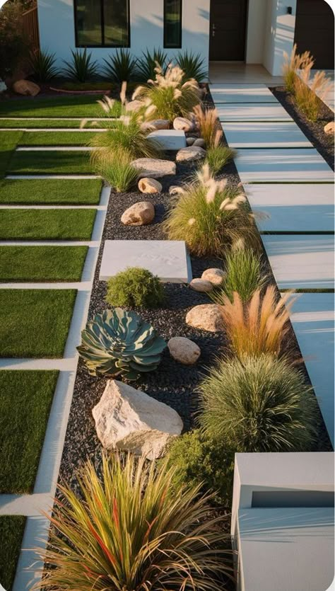 Landscaping3 Modern front yard featuring minimalist landscaping with succulents, ornamental grasses, rocks, and concrete stepping stones. | Sky Rye Design Landscaping With Succulents, Modern Landscape Design Front Yard, Minimalist Landscaping, Concrete Stepping Stones, Modern Front Yard, Yard Garden Design, Front Garden Landscape, Small Front Yard Landscaping, Front Yard Landscape