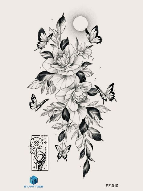 1sheet Flower & Butterfly Pattern Tattoo Sticker | EMERY ROSE Chest Sketch, Snowman Tattoo, Rose Flower Tattoos, Black Rose Flower, Floral Tattoo Sleeve, Sketch Tattoo, Shoulder Tattoos For Women, Floral Tattoo Design, Sleeve Tattoos For Women