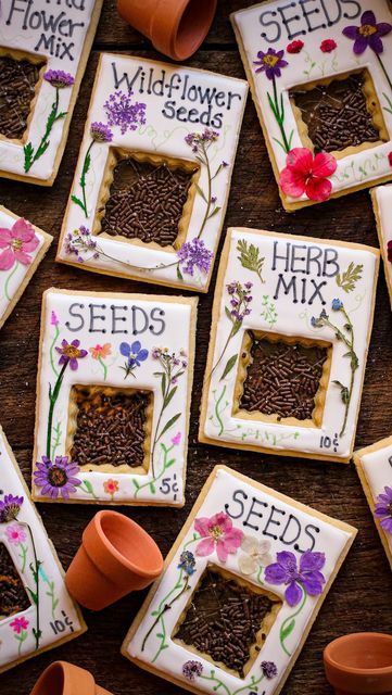 Must Love Herbs - Lauren May on Instagram: "Seed Packet Sugar Cookies 🌷If you’re a gardener then you know that amazing sound seed packets make! It’s like they’re filled with magic! I love hearing them shake! Want to make your own? The recipe for the sugar cookie dough as well as the royal icing is up on my latest static post! You’ll know it when ya see it! 🪴❤️ #cookieart #cookiedecorating #seedpackets #feedfeed #f52community #cookierecipe #cottagecoreaesthetic #thehappygardeninglife #buzzfeedf Seed Packet Cookies, Must Love Herbs, Wildflower Sugar Cookies, Seed Packet Art, Environmental Club, Love Herbs, Sunflower Festival, Garden Cookies, Flower Sugar Cookies