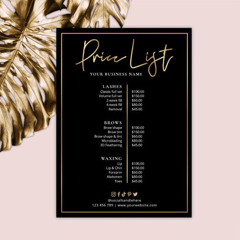 Black And Gold Lash Room, Black And Gold Esthetician Room, Shading Guide, Black And Gold Salon, Spa Price List, Esthetician Salon, Wax Business, Makeup Price List, Beauty Salon Names