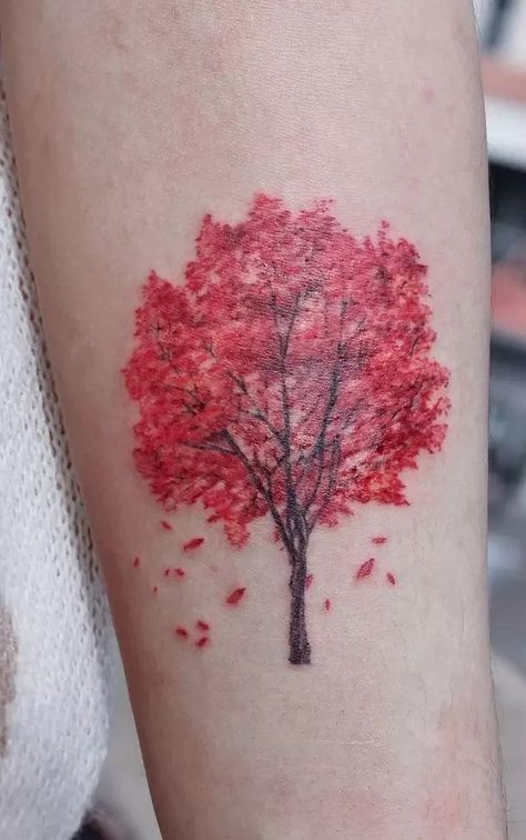 27 Beautiful Tree Tattoos - A Guide to Their Meanings Red Maple Tree Tattoo, Fall Trees Tattoo, Autumn Tree Tattoo, Fall Tree Tattoo, Colorful Tree Tattoo, Red Tree Tattoo, Japanese Maple Tree Tattoo, Maple Tree Tattoo, Tree Tattoo Black