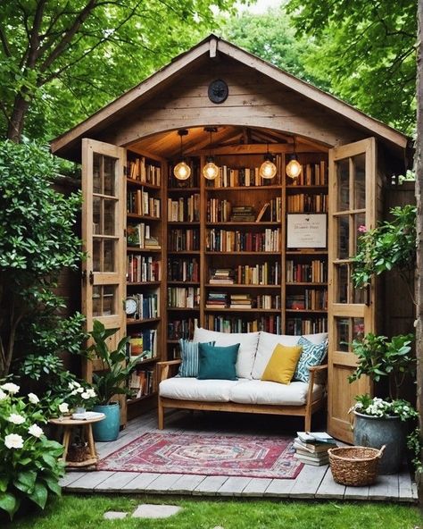 Garden Reading Nook Outdoor, Outdoor Library Design, Book Shed Ideas, She Shed Library, Reading Shed, Book Shed, Cabin Layout, Book Cottage, Reading Place