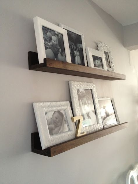 Shelves With Lip, Wood Shelves Bedroom, Industrial Shelves, Farmhouse Cabinet, Diy Wood Wall, Diy Wood Shelves, Gallery Display, Picture Shelves, Display Wall