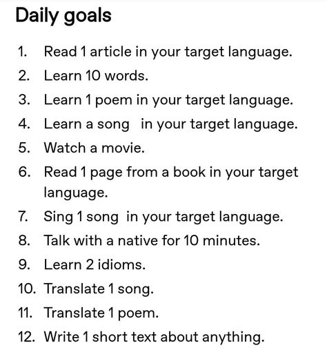 This is from a tumblr post I really liked. If you want to see all of them: daily, weekly, monthly, and yearly goals, then check out the link. Language Learning Tumblr, Polyglot Wallpaper, Polyglot Aesthetic, Studie Hacks, Language Journal, Learning A Language, Language Tips, Learning A New Language, Learn Languages