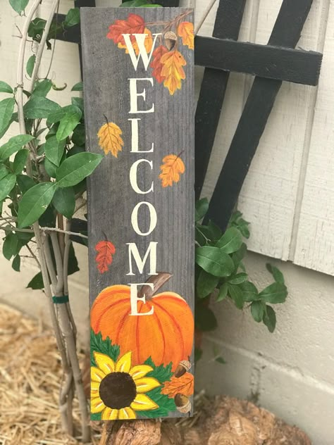 Fall Outdoor Wood Signs, Wooden Welcome Signs Front Porches Diy, Fall Paintings On Wood, Painted Welcome Sign, Fall Welcome Sign, Porch Leaners, Holiday Wood Sign, Plank Art, Fall Wood Crafts