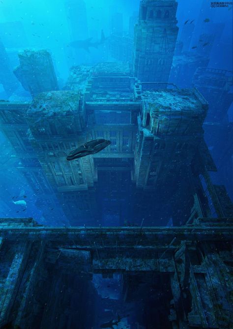 Sunken City Matte Painting, Underwater Ruins, شرم الشيخ, Sunken City, Underwater City, Underwater Scene, Fantasy Places, Wow Art, Arte Fantasy