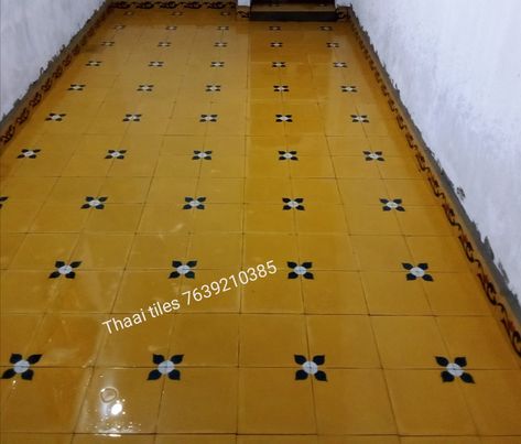 Athangudi tiles Athangudi Tiles Flooring, Tiles For Flooring, Home Tiles Design, Athangudi Tiles, Chettinad House, Hand Made Tiles, Yellow Tile, Tiles Design, House Tiles