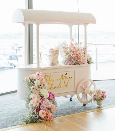 Girly Bar Ideas, Wedding Booth Ideas, Floral Dessert Table, Wedding Sweet Cart, Wedding Cart, Girly Bar, French Tulips, Treasure Room, Dessert Cart