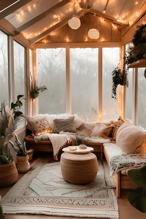 Cozy Sunroom Ideas for a Sun-Soaked Space Manufactured Home Sunroom, Sunroom String Lights, Solarium Living Room, Porch Interior Ideas, Sunroom Ideas Cozy, Sun Porch Ideas, Solarium Room Sunroom Addition, Luxury Sunroom, Winter Sunroom