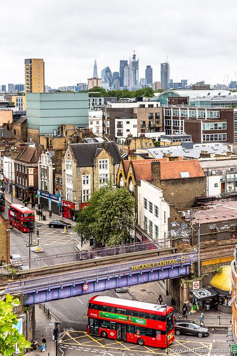 A beautiful view of London from St Augustine's Tower in Hackney. This historic landmark has great views over east London and the London skyline, not to mention classic double decker buses.   #london #hackney #view #skyline Hackney Aesthetic, Urban London, Beautiful View, East London Aesthetic, London Hackney, Hackney London Aesthetic, London Cool Places, Best Views In London, Villages Near London