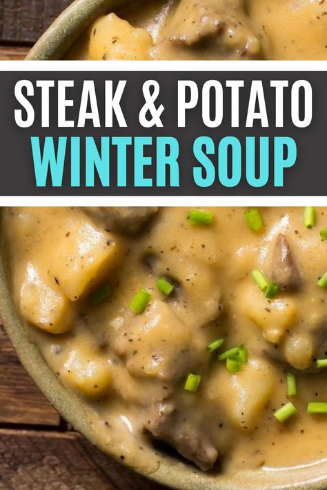 Potato Soup With Steak, Sirloin Soup Recipe, Soup Made With Steak, Creamy Hearty Soup Recipes, Steak And Ale Chowder, Disney Potato Soup, Steak And Potato Soup Recipes, Potato Soup With Beef, Steak Potato Soup Recipes