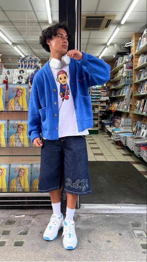 Streetwear, style, fashion, Blue, cardigan, jorts, headphones, boy outfits, ootd, outfit inspo, summer, 2000s Boys Fashion, Guys Outfits, Masc Outfits, Men Street Fashion, Street Style Outfits Men, Street Fashion Men Streetwear, Guys Clothing Styles, Unique Fits, Mens Outfit Inspiration