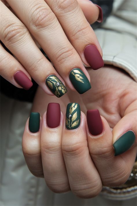 Embrace the cozy vibes of autumn with these chic square fall nail ideas! Featuring rich burgundy and golden accents, this nail style perfectly captures the essence of the season. The square shape adds a modern twist, making your nails look effortlessly stylish and sophisticated. Whether you're lounging at home or heading to a festive gathering, these nails will complement your fall wardrobe beautifully. #FallNailIdeas #NailArt #AutumnNails #SquareNails Green And Burgundy Nails, Burgundy And Green Nails, Burgendy Nails, Fall Nail Ideas, Wine Nails, Dark Green Nails, Golden Green, Burgundy Nails, Nail Style