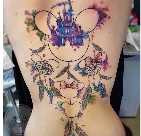 Disney Garter Tattoo, Big Disney Tattoos, Disney Thigh Tattoo Ideas, Disney Dreamcatcher Tattoo, Disney Back Tattoo, Disney Foot Tattoo, Maverick Tattoo, Disney Thigh Tattoo, Tattoo Dos