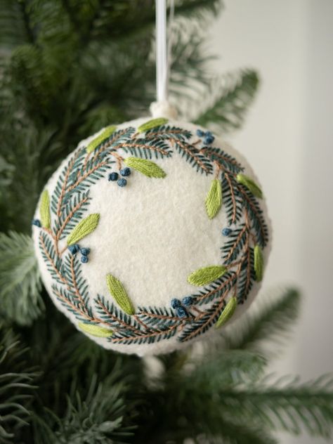 Buy Botanical Felt Christmas Ornaments Pattern Beginner PDF Embroidery and Sewing Pattern for DIY Elevated Holiday Decor Online in India - Etsy Christmas Hand Embroidery Patterns Felt Ornaments, Christmas Textile Crafts, Felt Embroidery Tutorial, White Felt Christmas Ornaments, Wool Felt Embroidery, Diy Felted Ornaments, Felt Ornaments Embroidered, Felt Embroidery Christmas Ornaments, Homemade Christmas Ornament Ideas