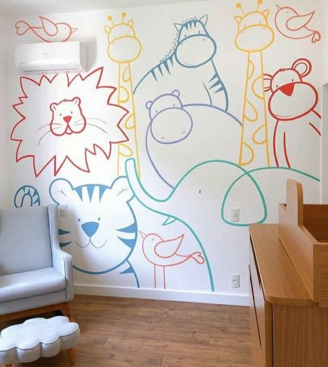 Gender Neutral Playroom Mural, Easy Playroom Wall Mural, Easy Wall Art Painting, Ludoteca Infantil Ideas, School Murals For Kids, Children Room Wall Painting, Pediatric Clinic Design Interiors, Kids Room Murals Diy, Preschool Mural