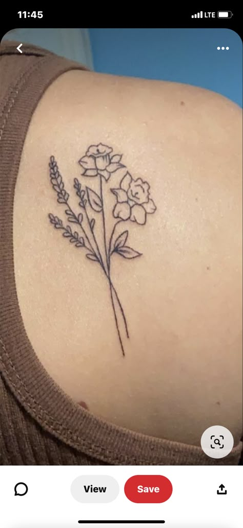 Daffodil And Lotus Flower Tattoo, Daffodil Flower Bouquet Tattoo, Narcissus Flower Bouquet Tattoo, Daffodil Lavender Tattoo, Bouquet Of Daffodils Drawing, Daffodil Tattoo On Shoulder, Tulip And Marigold Tattoo, Daphadil Flower Tattoo Simple, Daffodil And Lilac Tattoo