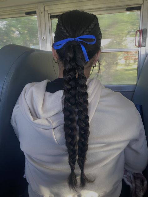 Xc Hair Styles Ribbon, Hair For Cheer Practice, School Spirit Hairstyles, Cheer Braid Hairstyles, Cheer Hairstyles For Practice, Hair Styles For Ponytails, Cute Hairstyles For Sport, Cheer Camp Hairstyles, Sport Hair Ideas