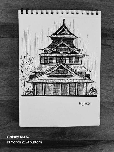 Osaka Castle Drawing, Japanese Castle Drawing, Japanese House Drawing, Castle Sketch, Japan Temple, Castle Drawing, Drawing Legs, Japanese Castle, Building Sketch