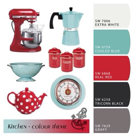 Sherwin Williams color scheme for my kitchen: red, teal / turquoise, grey                                                                                                                                                      More Red Blue Kitchen, Red And Blue Kitchen Decor Ideas, Red Kitchen Color Scheme, Kitchen Appliances Colors Schemes, Gray And Red Kitchen, Gray And Teal Kitchen, Red Teal Color Scheme, Red Kitchen Accessories Color Schemes, Red Teal Grey Color Scheme