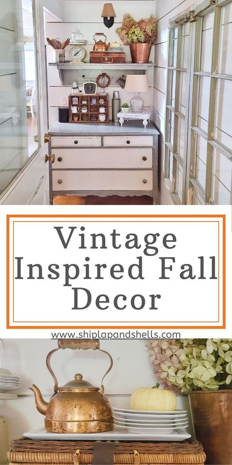 Fall Decor With Vintage Items, Granny Chic Fall Decor, Vintage Fall Kitchen Decor, Fall Copper Decor, Fall Vintage Decor Ideas, French Cottage Fall Decor, Vintage Fall Decor Kitchen, Vintage Fall Vignettes, Old Fashioned Fall Decor