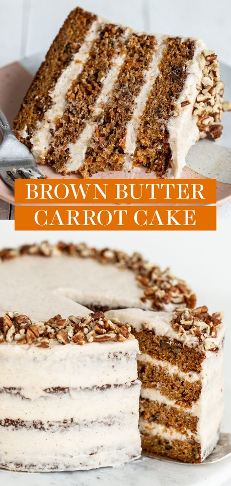 Brown Butter Carrot Cake is so moist, tender, and sweet that even carrot cake haters will LOVE it! Topped with easy homemade cream cheese frosting, this recipe is the perfect pretty dessert idea to serve for a crowd on Easter or Mother's Day! The BEST from-scratch recipe. Homemade Cream Cheese Frosting, Butter Carrots, Carrot Cake With Cream Cheese, Dessert Parfait, Best Carrot Cake, Cake With Cream Cheese Frosting, Pretty Dessert, Homemade Cake Recipes, Carrot Cake Recipe