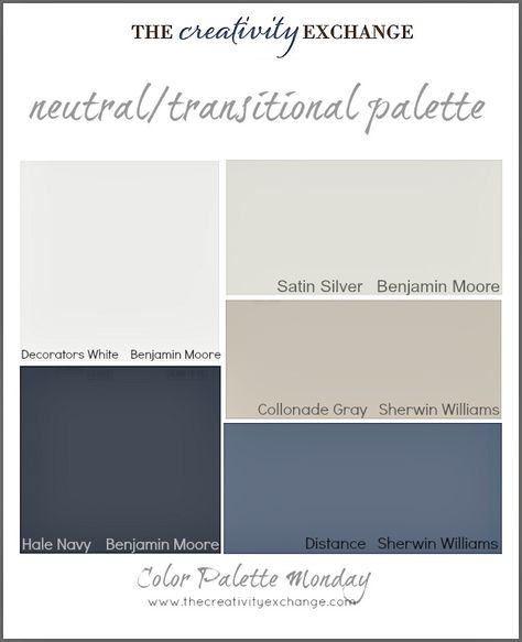 Color palette of neutral-transitional paint colors {Color Palette Monday} The Creativity Exchange Dark Wood Floors And Paint Colors, Navy Blue Fireplace Wall, Paint Colors That Go With Navy Blue, Colors That Compliment Navy Blue, What Colors Go With Navy Blue, Transitional Paint Colors, The Creativity Exchange, Decorators White Benjamin Moore, Sherwin Williams Color Palette