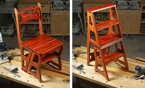 Build a Convertable Step Stool and Chair Plan. Here’s a classic project that both steps up and provides overflow seating. Step Stool Diy, Stool Woodworking Plans, Ladder Chair, Diy Stool, Adirondack Chair Plans, Woodworking Chair, Library Chair, Carpentry Projects, Wooden Chairs