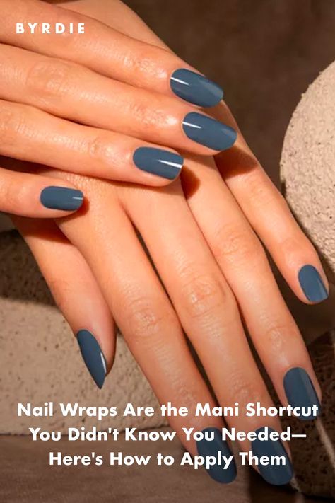 Well-manicured hands with slate blue nail colored nail wraps Valentines Gel Nails, Nails Short Valentines, Gel Nails Cute, Simple Valentines Nails, Nails Ideas Valentines Day, February Nails Ideas Valentines Day, February Nails Ideas, Ideas Valentines Day, Dark Red Nails