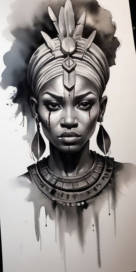 African Female Warrior Tattoo, Black Warrior Tattoo, African Tattoo Design, Africa Tattoo Design, African Queen Tattoo, African Warrior Tattoos, Africa Tattoo, African Sleeve Tattoo, Beautiful Spine Tattoos