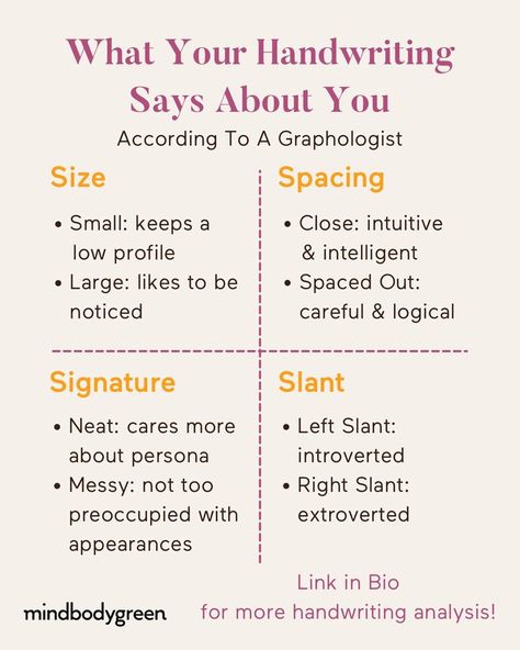 @mindbodygreen on Instagram: “Let’s chat graphology—AKA the analysis of handwriting as it relates to psychology. 🧠 Beyond providing yet another way to categorize your…” Psychology Of Handwriting, Hand Writing Analysis, Handwriting Analysis Psychology, Graphology Analysis Handwriting, Handwriting Psychology, Writing Psychology, Handwriting Personality, Bored Jar, Handwriting Analysis