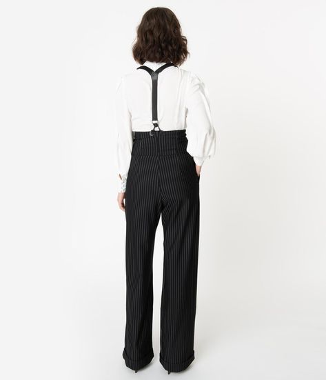 Unique Vintage Thelma High-Waisted Suspender Trousers for Women Women Suit Suspenders, Pants With Suspenders Women, Chic Fitted Bottoms With Suspenders, 1920s Suspenders Women, Women’s Outfit With Suspenders, 40s Blouse, Patch Dress, Suspender Pants, Wide Trousers