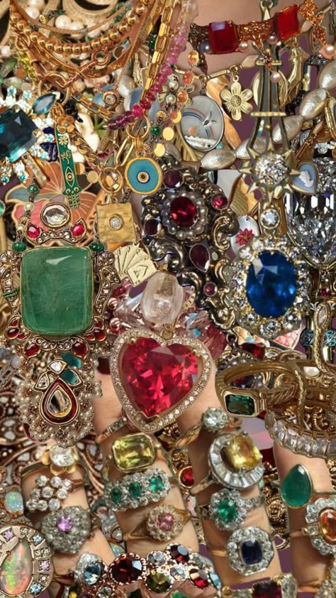 Costume Jewelry Aesthetic, Jewel Aesthetic Wallpaper, Gold Jewels Aesthetic, Royal Jewels Aesthetic, Jewels Aesthetic Wallpaper, Gold Jewelry Wallpaper, Pile Of Jewels, Gaudy Aesthetic, Jewelry Aesthetic Wallpaper