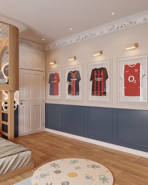 ⚽️⚽️⚽️ In Harrison’s football-themed bedroom, classic features of the listed building perfectly combine with a modern approach. His love for football is seamlessly integrated with functional design. The room features a play mezzanine, a fun slide, and a stunning gallery wall showcasing Harrison’s collection of football shirts. How amazing is it to lie down on the bed and look at the LED football pitch, dreaming about football coming home! #footballroom #boysbedroom #boybedroom #boysbedroom... Football Theme Bedroom, Games Room Decor, Football Rooms, About Football, Football Pitch, Football Themes, Listed Building, Boy Bedroom, Boys Bedrooms