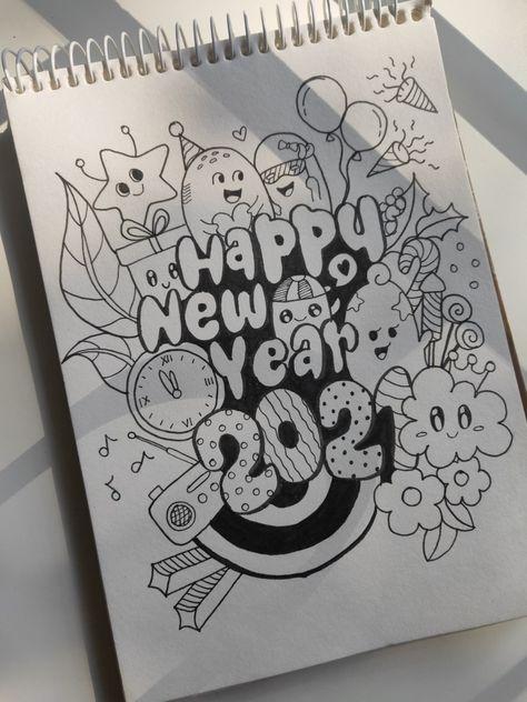 Doodle Planet New Year Pencil Drawings, New Year Related Drawings, New Year Drawings Ideas, Creative Doodle Art Inspiration, Happy New Year Doodle Art, New Year Cute Drawing, Best Doodle Art Ideas, New Year Sketches Drawing, Happy New Year Sketch