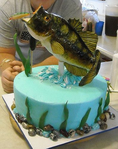 Birthday Cake w/ Fondant Fish hand painted. | Flickr - Photo Sharing! Bass Fish Cake, Fondant Fish, Fisherman Cake, Fish Cake Birthday, Fishing Birthday Party, Cake Wrecks, Fishing Birthday, Marble Cake, Fish Cake