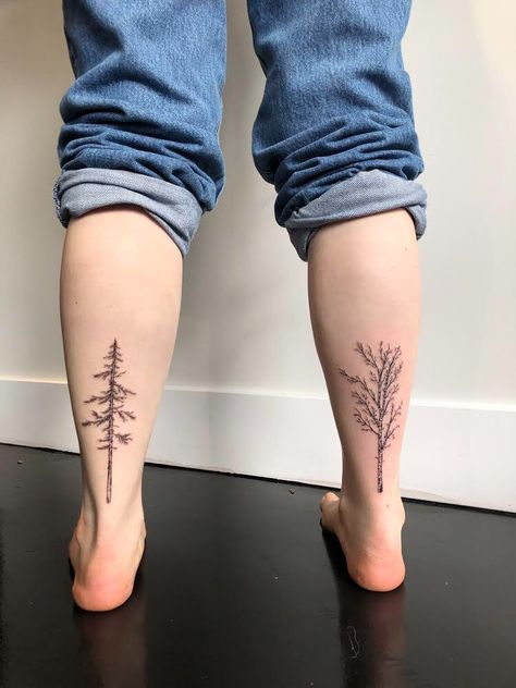 Back of ankle tree tattoos, pine and birch. Done by Steph at Dark Ocean Tattoo in Vancouver. Dark Ocean Tattoo, Birch Tattoo, Tree Tattoo Leg, Birch Tree Tattoo, Birch Tree Tattoos, Vancouver Tattoo, Ocean Tattoo, Tree Tattoos, Dark Ocean