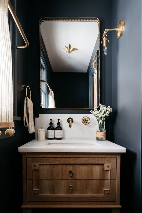 Dark Powder Room, Cape Cod Renovation, Moody Powder Room, Black Powder Room, Moody Bathroom, Kate Marker Interiors, Personal Retreat, Cottage Bathroom, Marble Backsplash