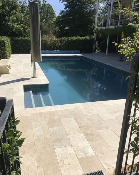 Porsche Advertising, Pool Steps Inground, Pool Colours, Pool Deck Tile, Travertine Pool Decking, Swimming Pool Steps, Pool Paving, Pool Decking, Pool Pavers