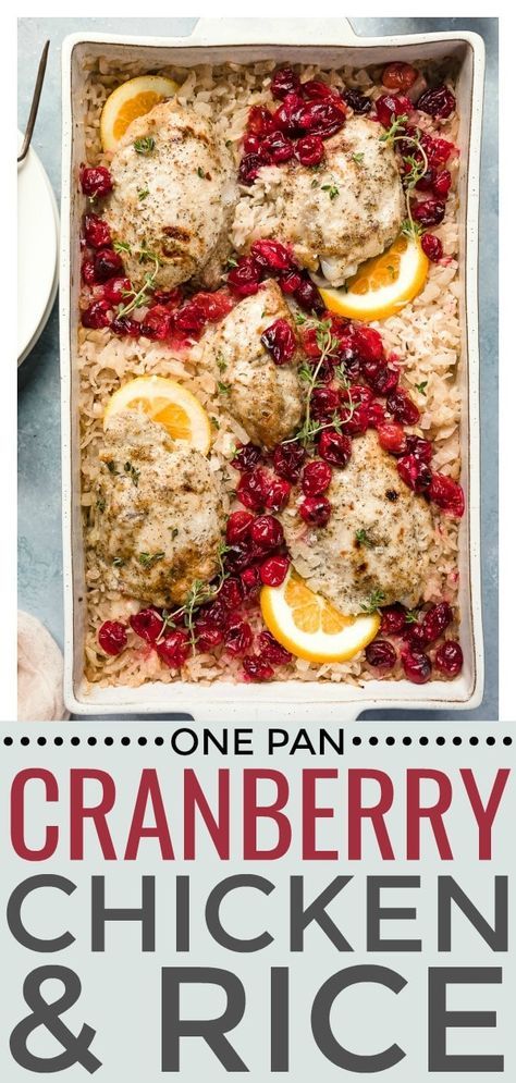 This Baked Orange Cranberry Chicken & Rice is made in just one pan and completely in the oven!  This juicy, tangy chicken with tart cranberries and fluffy rice is healthy, delicious and perfect for any occasion! #easy #cranberry #chicken #rice #recipe via @nospoonn Cranberry Rice, Fresh Cranberry Recipes, Cranberry Baking, Orange Baking, Cranberry Chicken, Fluffy Rice, Orange Cranberry, Croutons Homemade, Cranberry Recipes