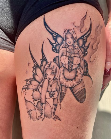 😇 Double Trouble 😈 #fairytattoo Skull Fairy Tattoo, Kid Tattoo Ideas, Naked Fairy Tattoo, Trouble Tattoo, Skull Fairy, Stick Poke, Stick Poke Tattoo, Fairy Tattoo, Tattoo Design Book