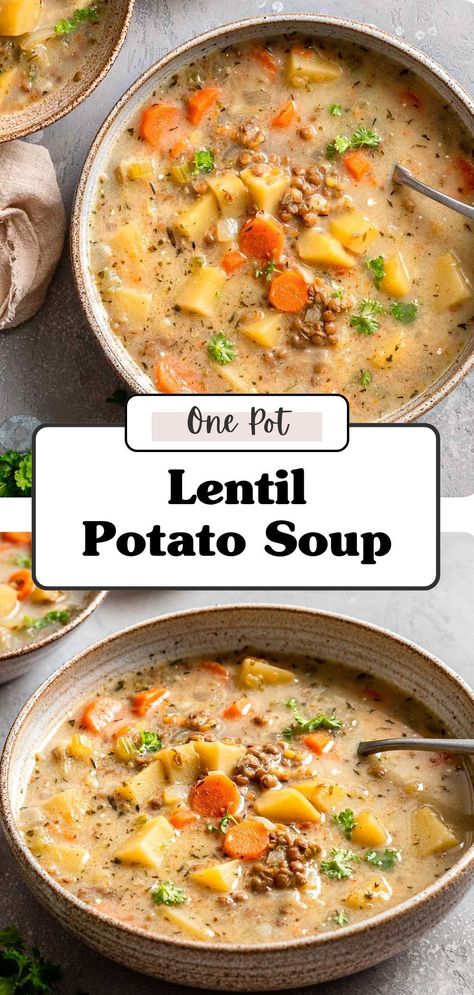 This lentil soup with potatoes is a simple, toss-it-together recipe that you’ll find yourself coming back to all day long. Made with basic pantry staples that you probably already have at home, it's incredibly convenient and easy to prepare. Plus, it’s ready in just 30 minutes, making it the perfect healthy fall recipe. Potato Soup Crock Pot Vegetarian, Lentil Potatoes Soup, Hearty Meatless Soups, Potato Leek Lentil Soup, Lentil Potato Soup Crockpot, Vegetarian Broth Soup, Lentil Soups And Stews, Vegetarian Lentil Stew, Fall Chickpea Recipes