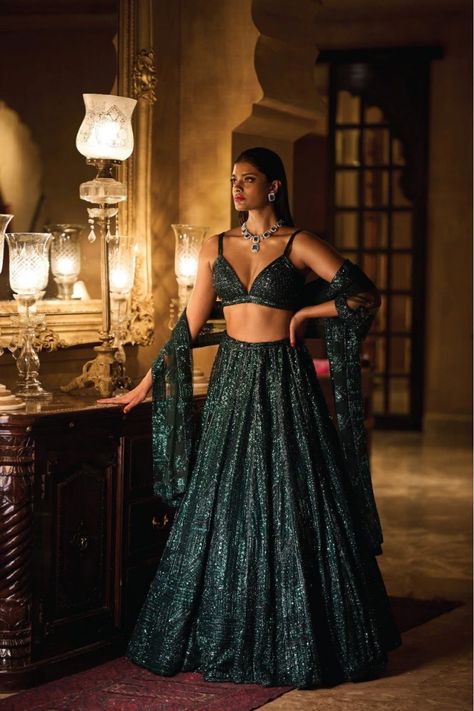 Emerald Green Lehenga, Dark Green Lehenga, Strappy Blouse, Sequin Lehenga, Seema Gujral, Sangeet Outfit, Crystal Embroidery, Green Lehenga, Sequin Blouse