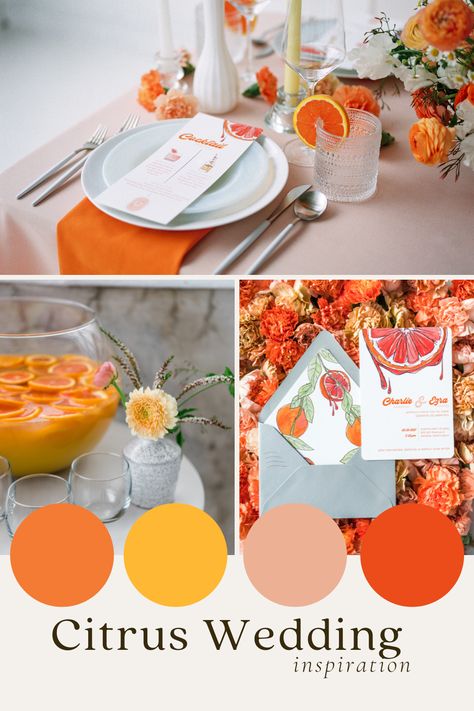 Winter Citrus Wedding, Grapefruit Wedding Decor, Citrus Wedding Color Palette, Citrus Themed Bridal Shower Ideas, Citrus Themed Party, Citrus Wedding Theme, Positano Theme, Citrus Themed Wedding, Orange Themed Wedding