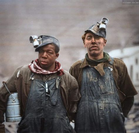 Two coal miners of the Lorain Coal & Dock Company photographed in Lorado, West Virginia, in 1918. Credit: julius.colorization historycolored.com Miner Costume, Miner Outfit, Coal Miner Makeup, Miners Aesthetic, 1920s Dock Worker, Coal Mining Aesthetic, Coal Miner Aesthetic, Pilgrim Costume, Black Coal Miners