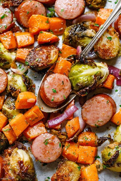 Easy Healthy Dinner Ideas: 49 Low Effort and Healthy Dinner Recipes — Eatwell101 Honey Dijon Sheet Pan Sausage, Sausage And Veggies One Pan Skillet, Sheet Pan Maple Dijon Sausage, Maple Dijon Sheet Pan, Sheet Pan Sausage And Sweet Potatoes, Sweet Potato Sausage Sheet Pan, Nutrient Packed Meals, Healthy Dinner Winter, Smoked Sausage Sheet Pan Dinner