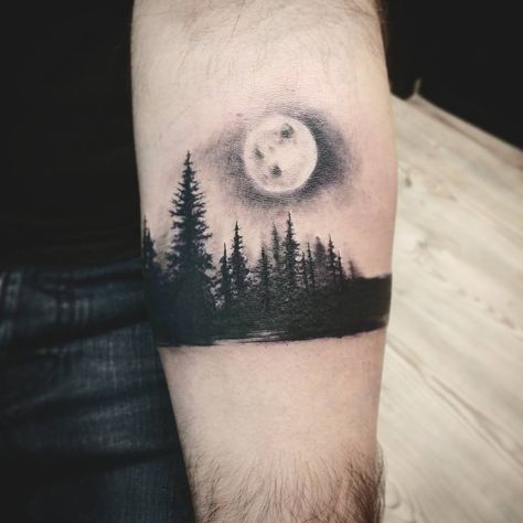 Dark Path Tattoo, Forest And Moon Tattoo, Gothic Forest Tattoo, Moon And Trees Tattoo, Moon Forest Tattoo, Forest Moon Tattoo, Dark Forest Tattoo Design, Tree Moon Tattoo, Dark Moon Tattoo